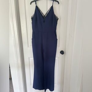 Gianni Bini Black Lace-Trim Navy Blue Jumpsuit